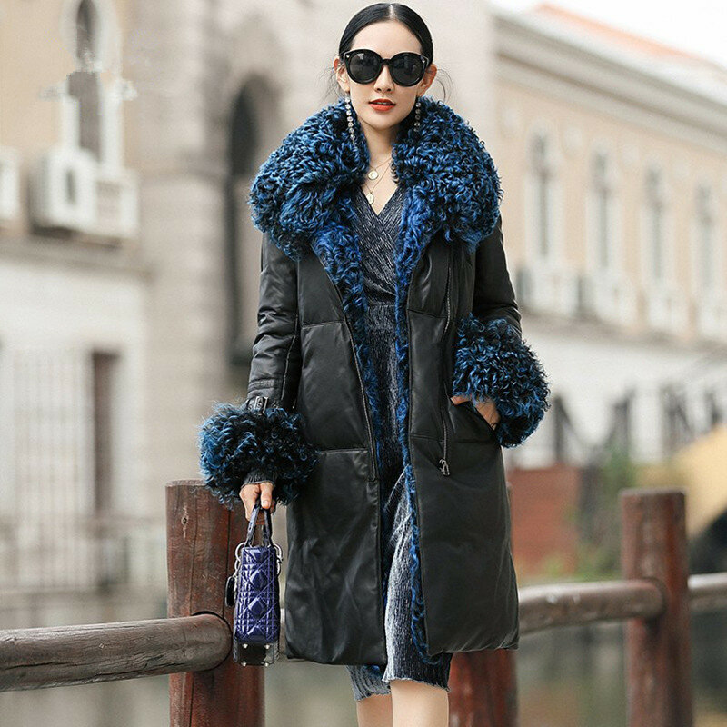 Ayunsue本物の革のジャケット冬コートの女性の自然子羊の毛皮の襟ダウンジャケット女性ロングシープスキンのコートチャケータmujer私