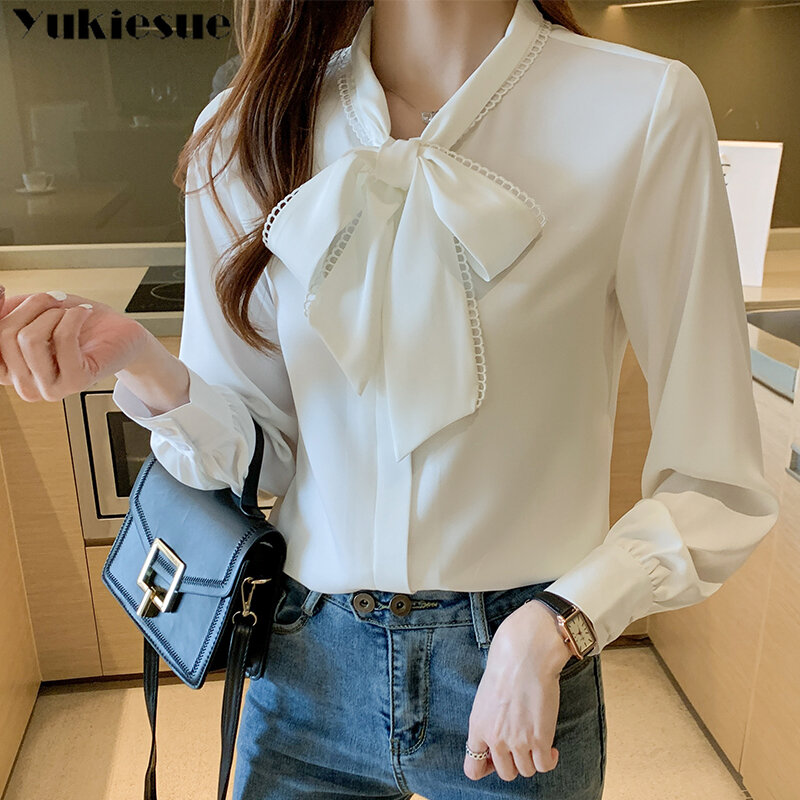 2021 New Spring Autumn New Elegant Lace Up Bow Blouse Women Lantern Long Sleeve Solid Chiffon Shirt Slim Fit Blusas clothes
