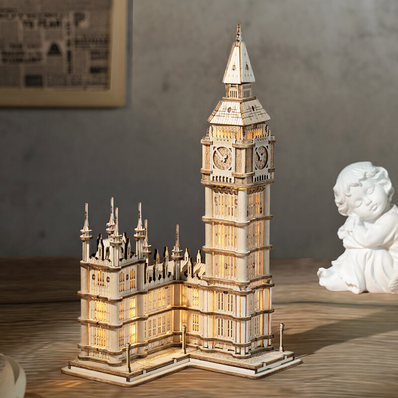 Robotime 3D ไม้ Permainan Teka-Teki Big Ben Tower Bridge เจดีย์อาคารชุดของเล่นสำหรับของขวัญวันเกิดของขวัญ