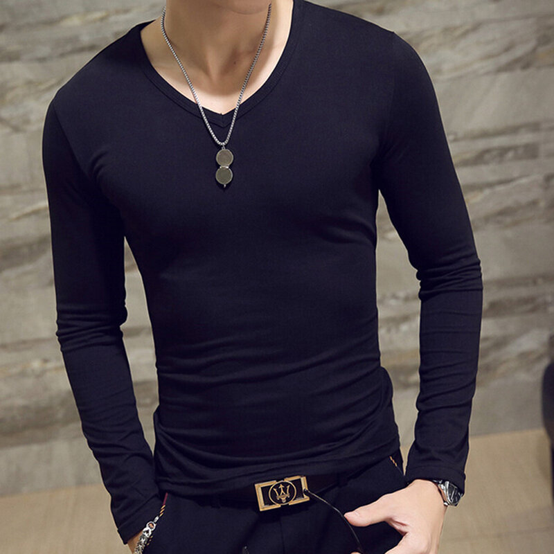 Camiseta elástica para hombre, camisa de manga larga con cuello redondo, de LICRA y algodón, 2020