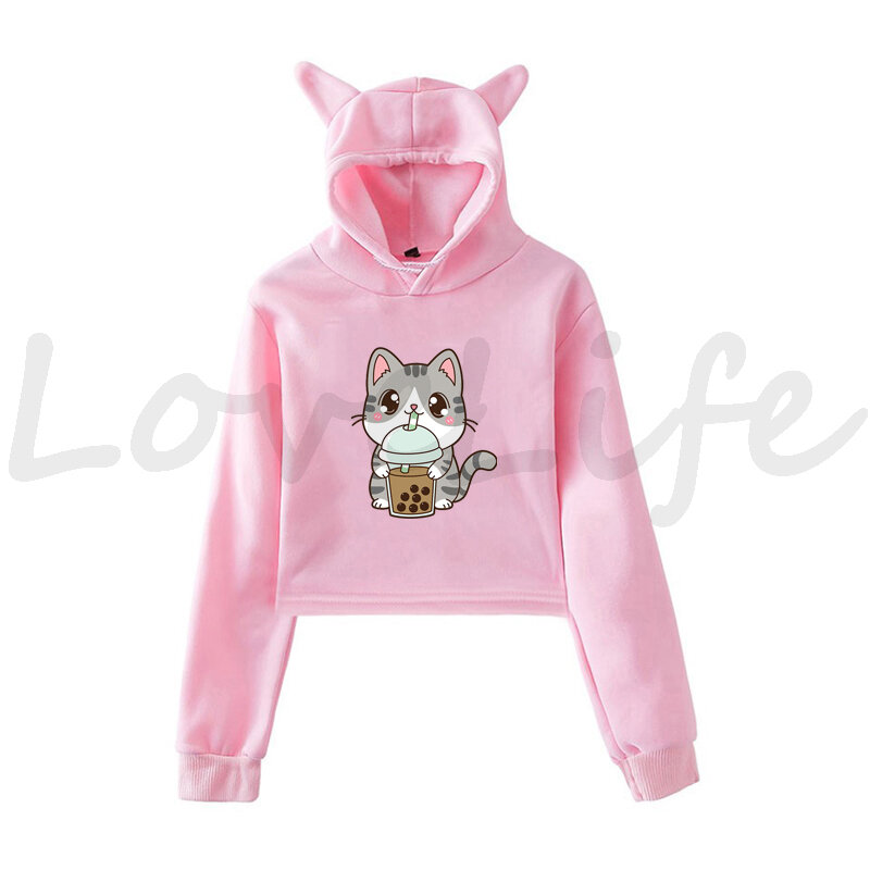 Kawaii Girls Animals Boba Tea Hoodies Cartoon Sweatshirt Pink Fashion Cat Ear Women Panada Cat Fox Pullovers Lady Harajuku Top