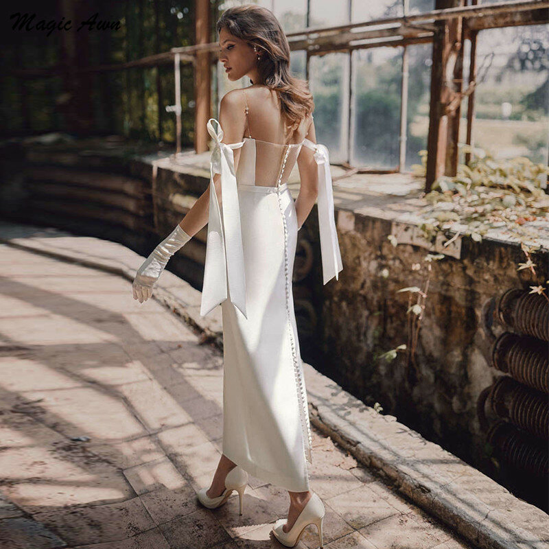 Simple Short Wedding Dresses Ankle Length Off The Shoulder Illusion Pearls White Ivory Beach Sheath Bridal Gowns Robe De Mariee