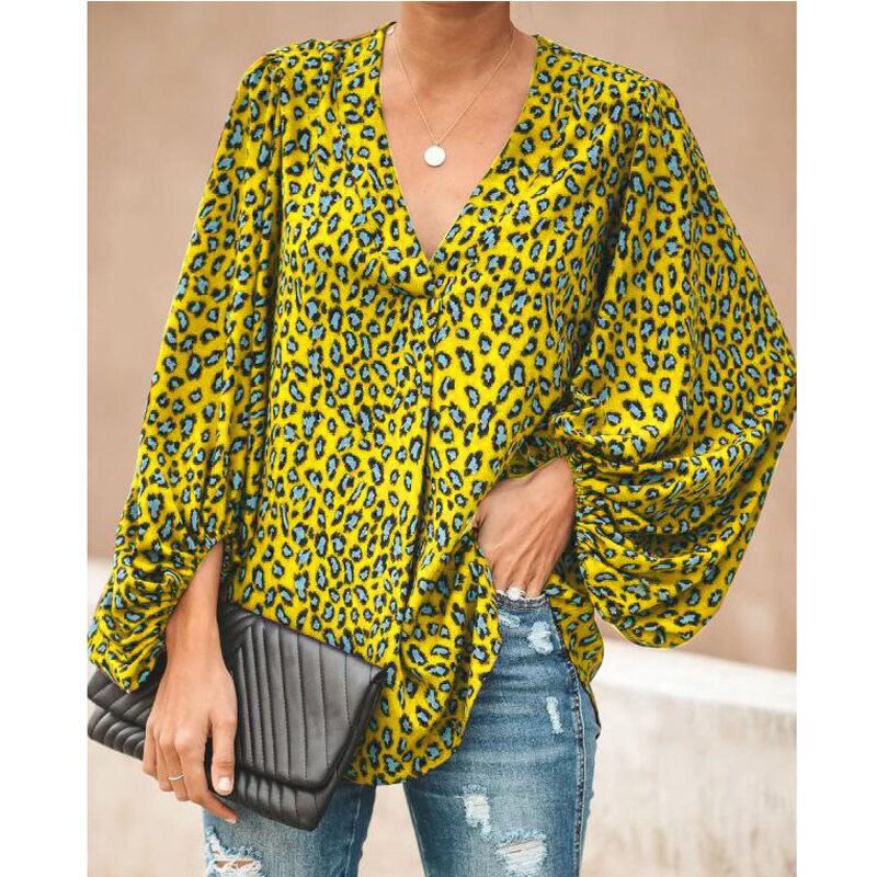 Blusa con estampado de leopardo para mujer, blusa holgada con cuello en V, manga larga linterna, talla grande, AM2258