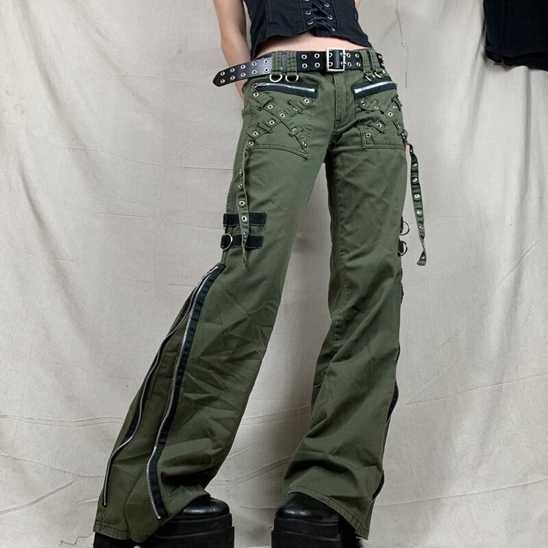 กางเกงผู้หญิง Gothic Punk Baggy Vintage Kawaii กางเกงกางเกงชั้นในเอวต่ำ Cargo กางเกง Grunge สีเขียวซิปกางเกงยีนส์เกาหลี Sweatpants