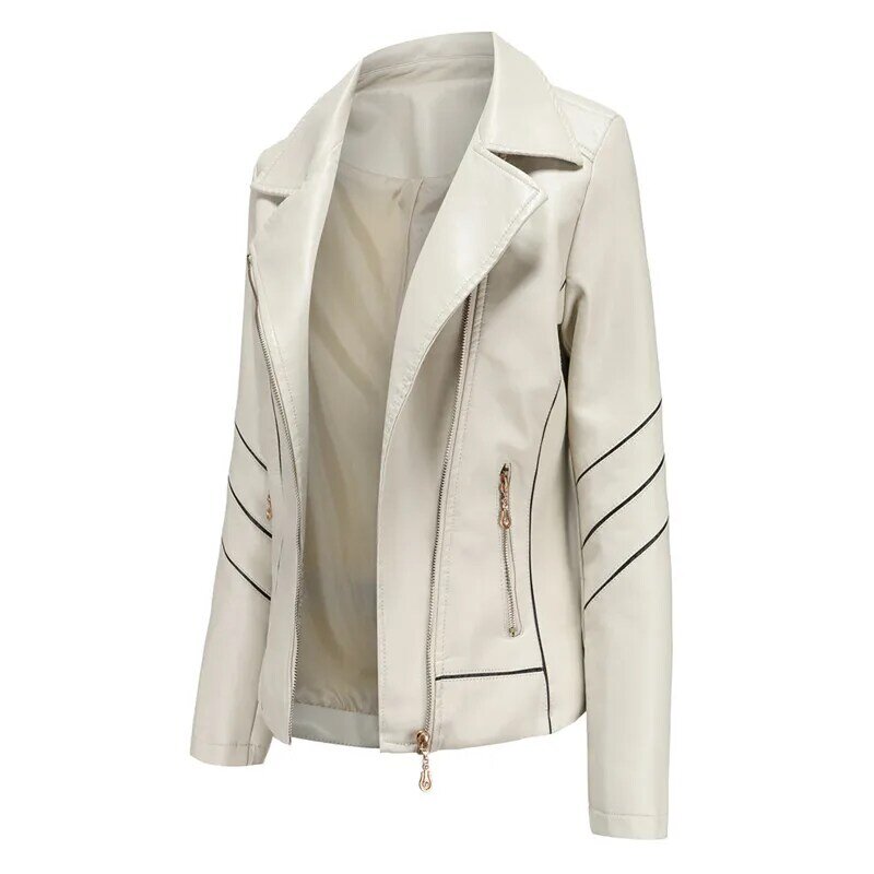 Jaqueta de couro feminina primavera outono, casaco curto com lapela couro pu, zíper, sobretudo
