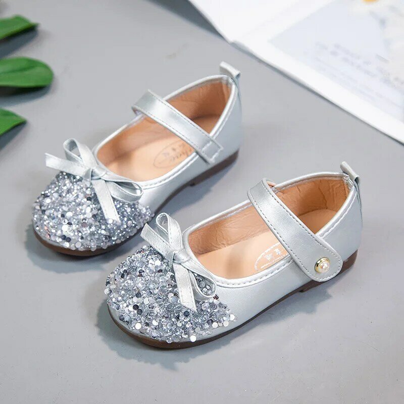 Zapatos de princesa pequeña para niña, zapatillas planas de cristal para niña, zapatos Mary Jane sólidos con lazo poco profundo, gancho y lazo para fiesta 2021