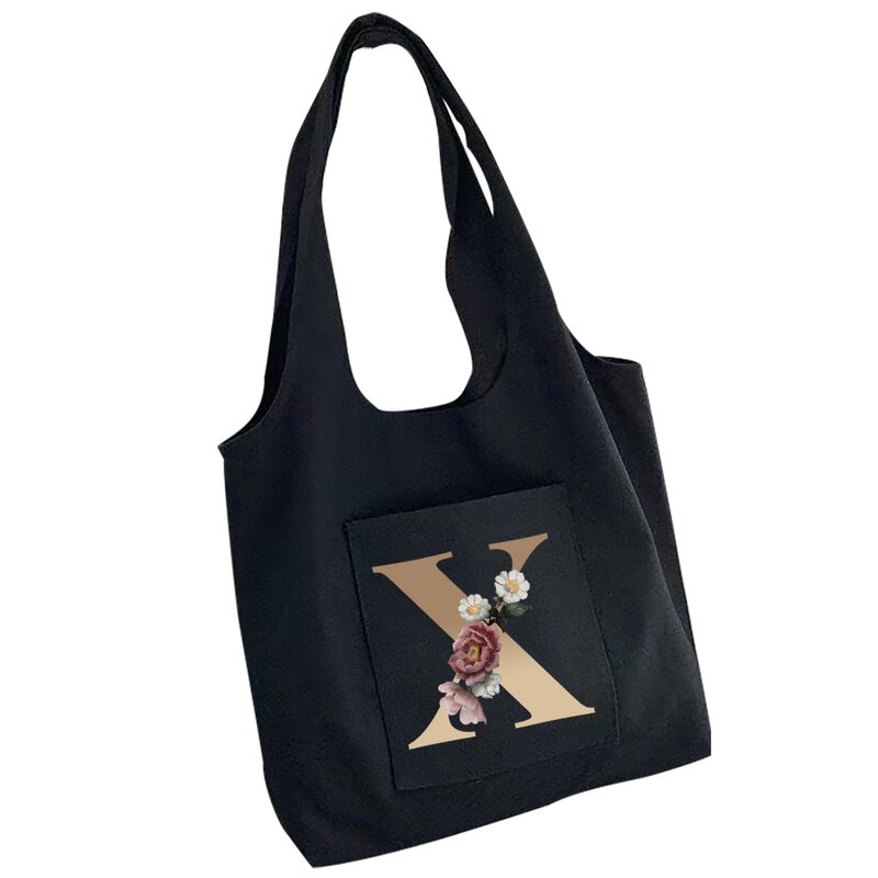 Bolsa de lona feminina grande capacidade bolsa de viagem impressão 26 letras flor quente ouro portátil de um ombro sacola de compras