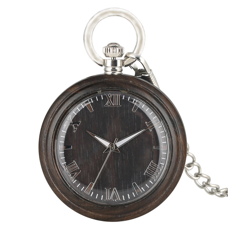 Portátil marrom escuro ébano relógio de bolso quartzo prático grande mostrador redondo com algarismos romanos prata pingente corrente unisex