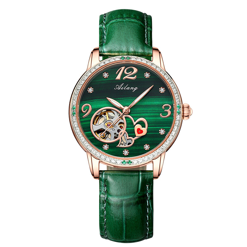 Ailang nova tendência pequeno relógio verde moda diamante-cravejado maré oco automático relógio mecânico genuíno feminino