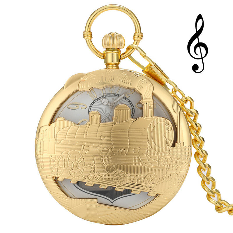Montre de poche musicale Steampunk ajourée en or, Design de Train, lac des cygnes, lecture de musique, Locomotive, montres à Quartz, chaîne pendentif