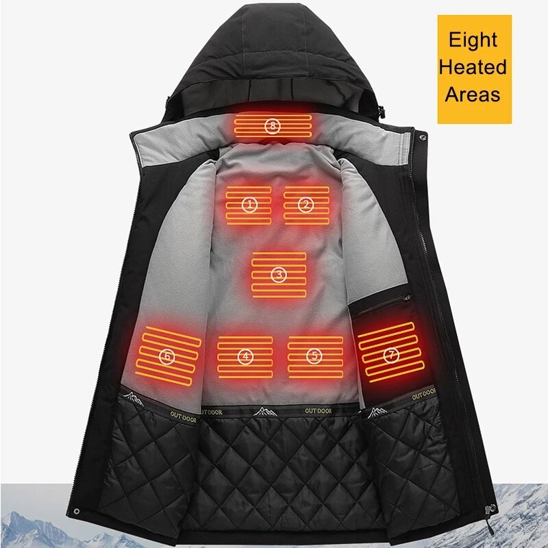 Mężczyźni 8 strefa komora grzewcza zimowe elektryczne podgrzewane ubrania USB ładowanie wodoodporna wiatrówka ciepła na zewnątrz narciarstwo płaszcz M-5XL