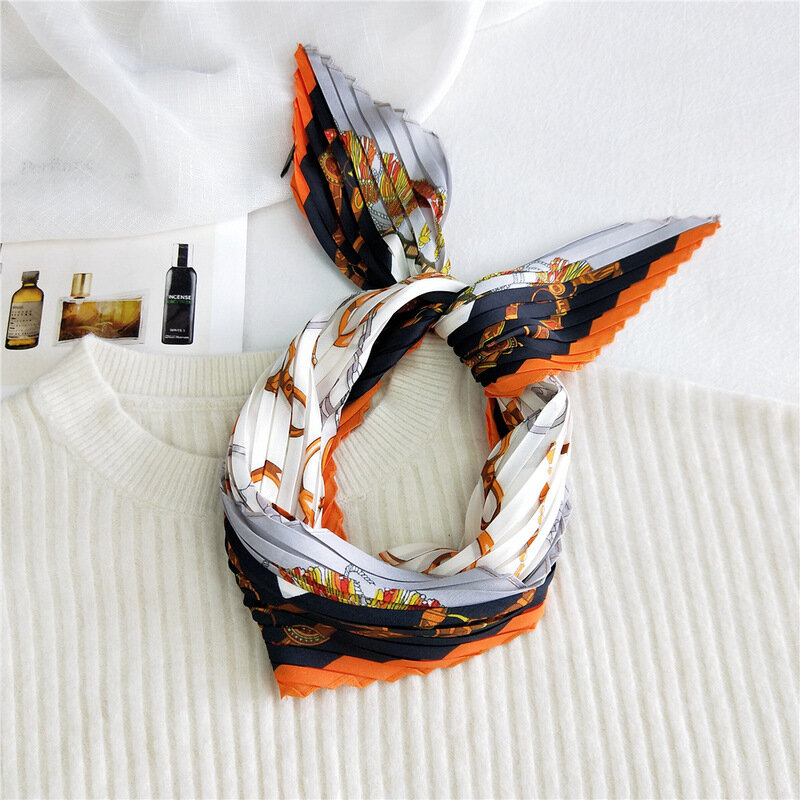 Designer Luxury Satin Silk Pleated Scarfs For Ladies Bright Color Printing Square Towel Women's Neck Scarf Neckerchief Foulard