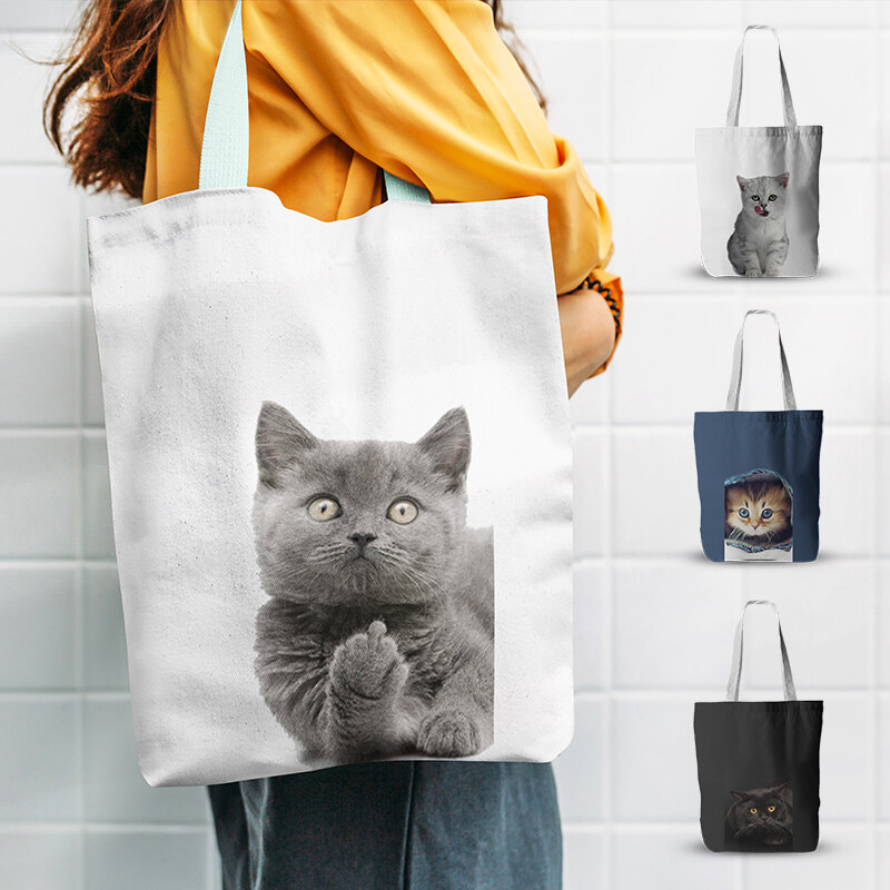 Novo estilo feminino saco de lona engraçado bonito dos desenhos animados gatinho animal impressão dobrável tote ombro pano sacola de compras reutilizável eco bolsa