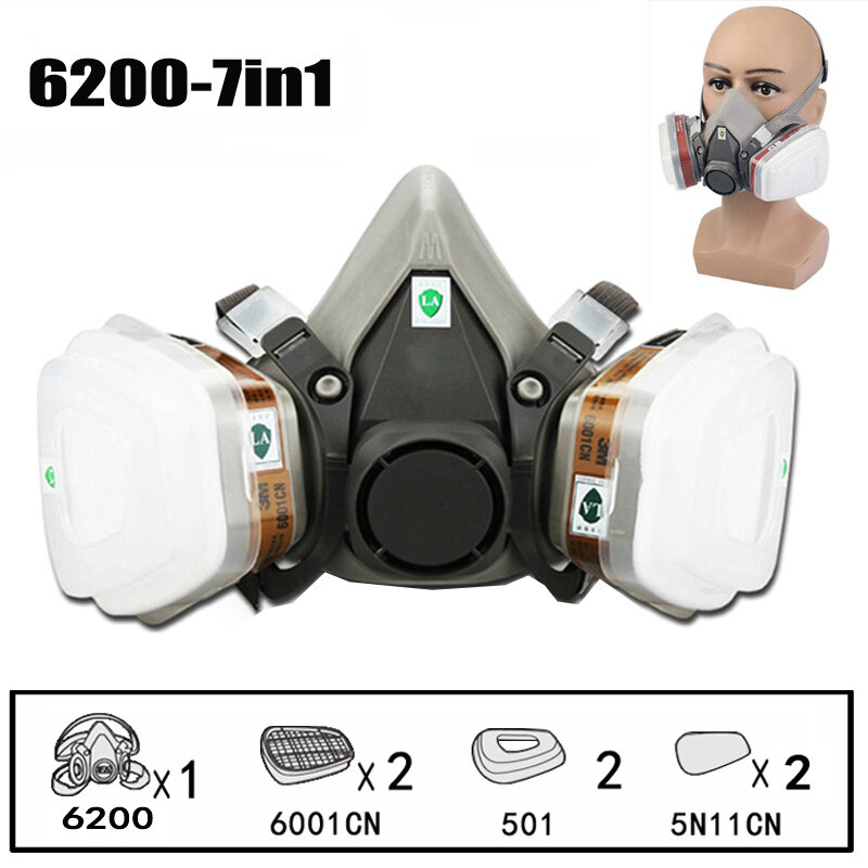 Máscara de Gás com Respirador Químico, 7 em 1, Máscara Protetora, Spray de Pintura Industrial, Anti Vapor Orgânico, Pó De Poeira, PM005