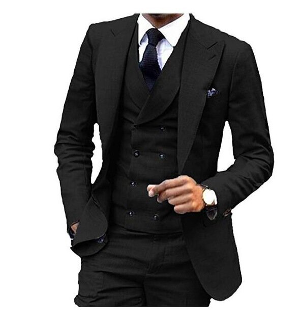 Traje de negocios informal para hombre, Blazer de esmoquin + Pantalones + chaleco, 3 piezas, con solapa negra, doble botonadura, corte entallado