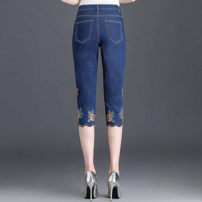 Summer Women's Stretch Jeans Embroidered Capris Spring High Waist Slim Skinny Jeans Woman Embroidery Casual Calf Length Pants
