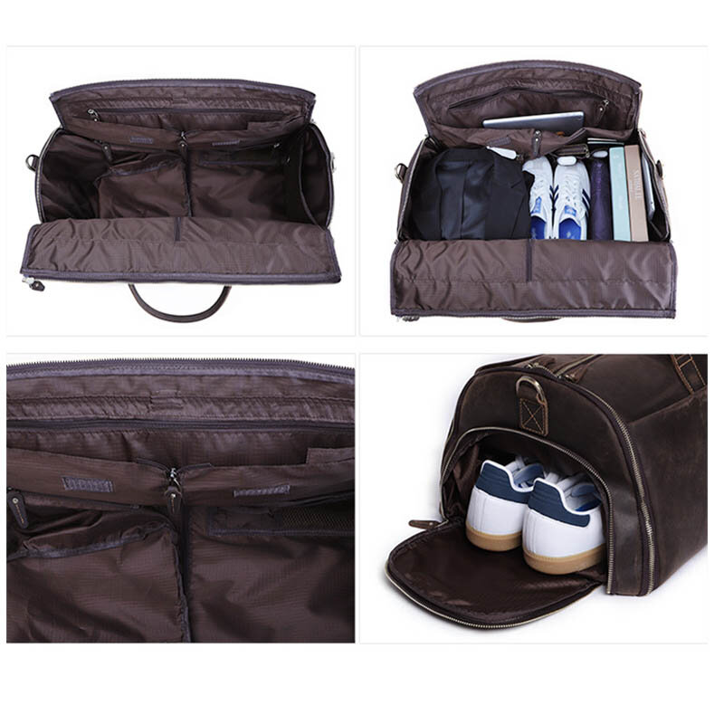 Crazy Horse-Bolso de cuero plegable para hombre, bolsa de viaje de negocios con bolsillo para zapatos, cubierta de ropa, equipaje, bolsa de lona para trajes