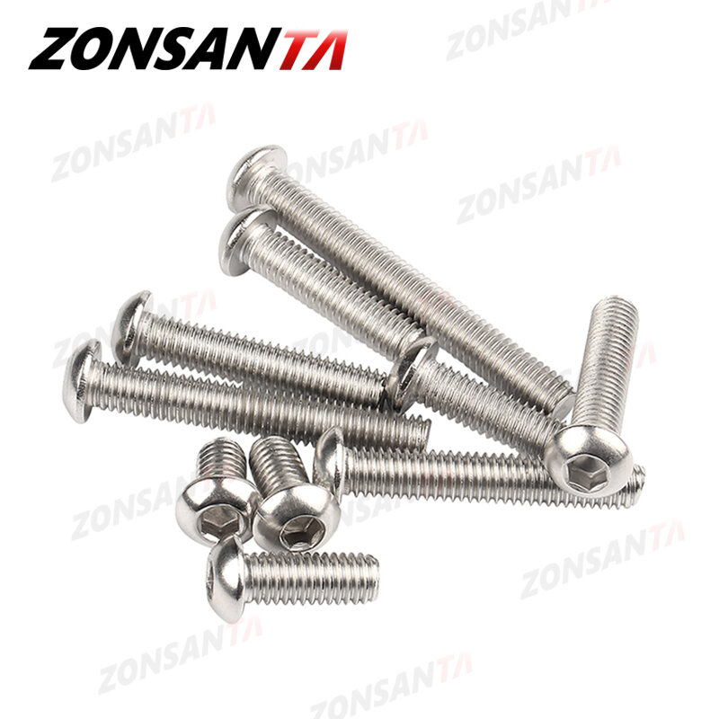 ZONSANTA-304 Parafusos redondos de aço inoxidável, cabeça do botão, parafuso Allen, parafuso mecânico, soquete sextavado, ISO7380, M2, M2.5, M3, M4, M5, M6, 304 A2