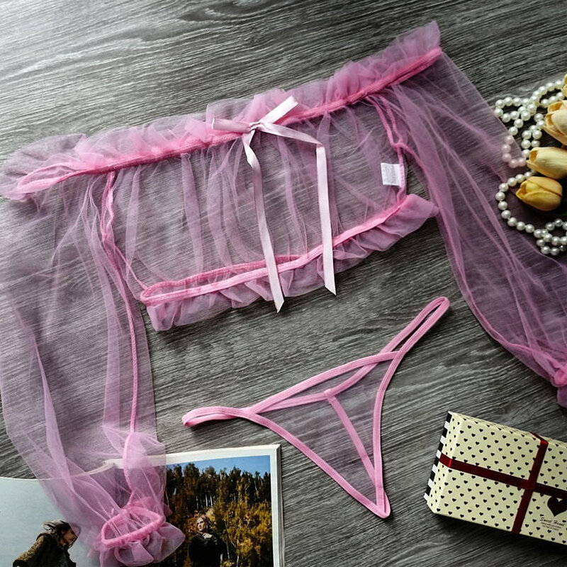 Ellolace Lingerie Transparan Off Shoulder Kostum Eksotis Ruffle Sensual Kostum Lengan Panjang Berenda Seksi Seksi Seksi Set Atasan Thong Breves