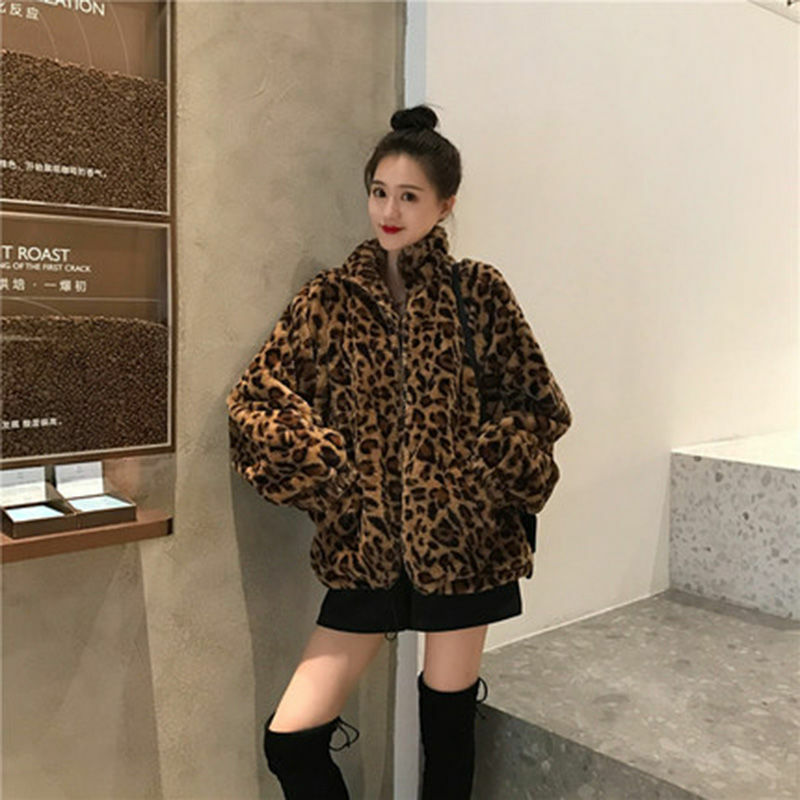 Casaco de pele sintética com estampa leopardo feminino, parkas quentes, outwear coreano, casacos soltos femininos, gola alta, outono, inverno, novo, 2022