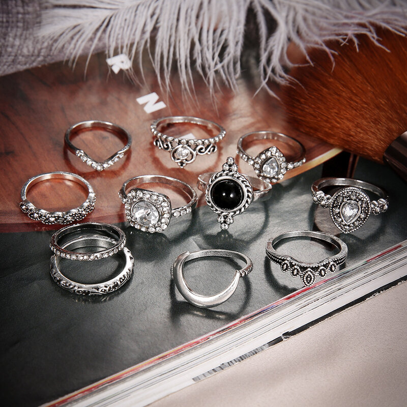 Set Cincin Sendi Jari Kristal Wanita Antik untuk Anak Perempuan Hadiah Perhiasan Mode Cincin Bohemian Pesona Bulan