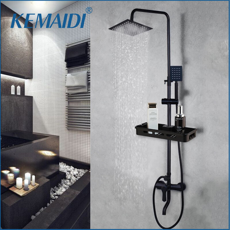 Kemidi Matte Hitam Curah Hujan Shower Faucet Set Single Lever Mixer Bathub Shower Faucet & Rak Penyimpanan Shower Mixer Air Keran