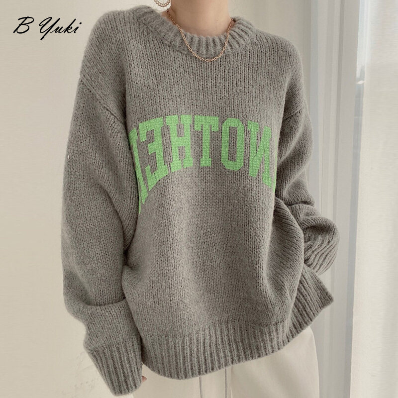 Blesyuki-suéter suelto de punto para mujer, jersey de manga larga con cuello redondo, estampado de letras, ropa para otoño e invierno, nuevas grandes