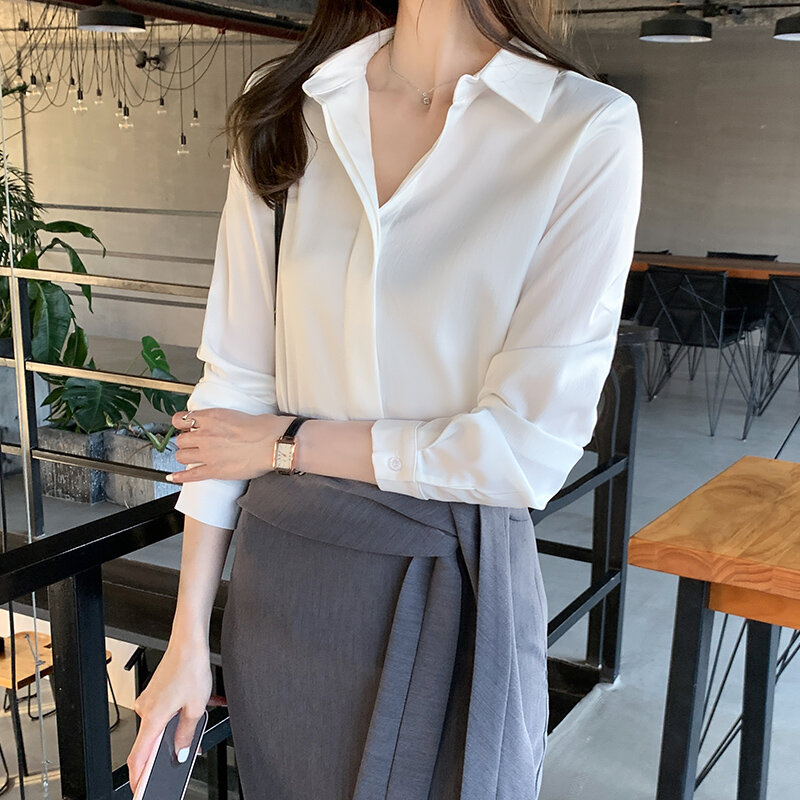 Blusa de gasa para mujer, camisa de manga larga con botones y cuello vuelto, ropa de oficina, primavera y otoño, 2021
