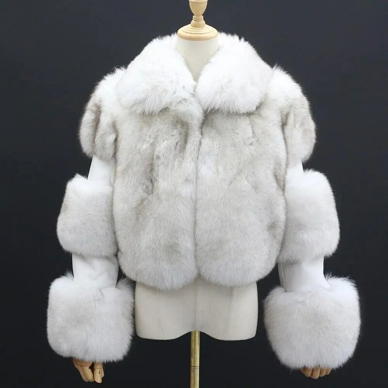 JANEFUR fur coat ciepła i stylowa kurtka z naturalnego futra lisa z długim rękawem płaszcz skórzany
