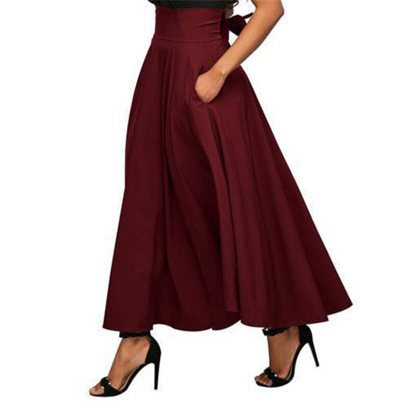 Wysokiej talii długie plisowane spódnice kobiet w stylu Vintage rozkloszowana długa spódnica huśtawka satynowa sukienka