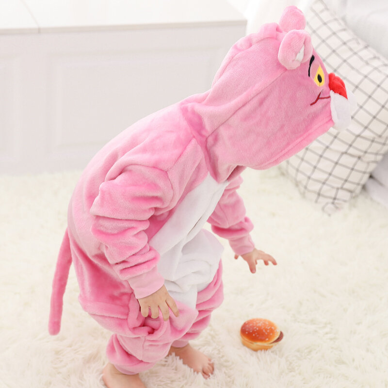 Leuke Roze Kigurumis Panther Onesie Kid Jongen Meisje Pyjama Animal Nachtkleding Grappige Jumpsuit Winter Warm Flanel Overalls Party Outfit