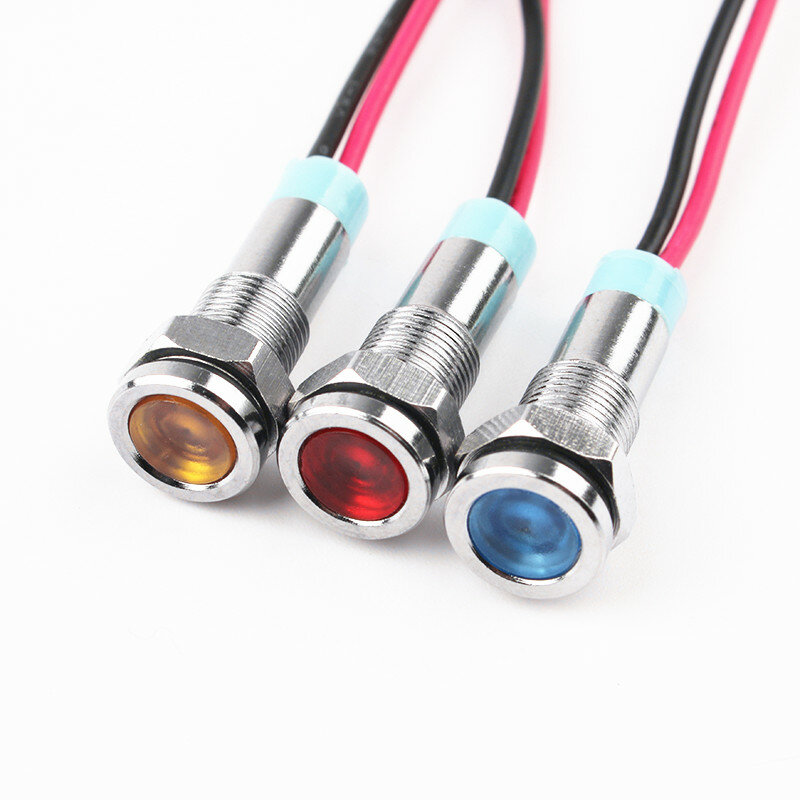 Luz indicadora de Metal LED de cabeza plana, lámpara de señal impermeable de 6mm, 6V, 12V, 24V, 220v, con cable rojo, amarillo, azul, verde y blanco, 1 piezas