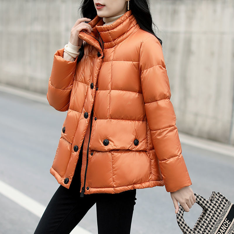 2021 New White Duck Down Plaid Warm Jacket Women Winter New Korean Version Loose Stand-up Collar Long-sleeved Down Jacket  H2582