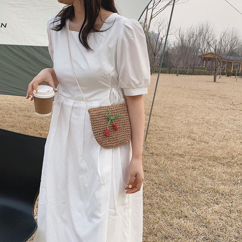 봄 여름 간단한 짠 밀짚 로프 여성 작은 크로스 바디 가방 패션 체리 장식 캐주얼 솔리드 숙녀 어깨 메신저 가방