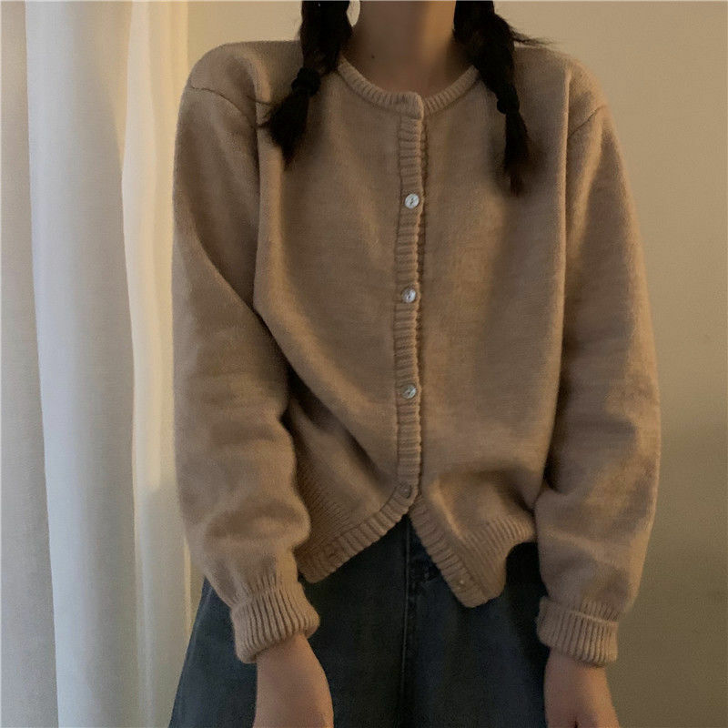 Kardigan damski solidny wycięcie pod szyją Retro Basic sweter z dzianiny Harajuku z długim rękawem luźna odzież swobodny szyk codzienna jesień