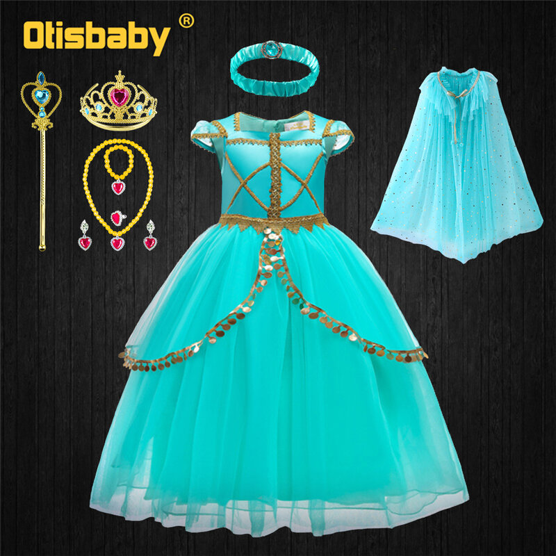 Robe de Princesse Jasmine pour Fille, Costume de Spectacle Aladdin Vert et Moelleux, Tenue de Bal pour Halloween