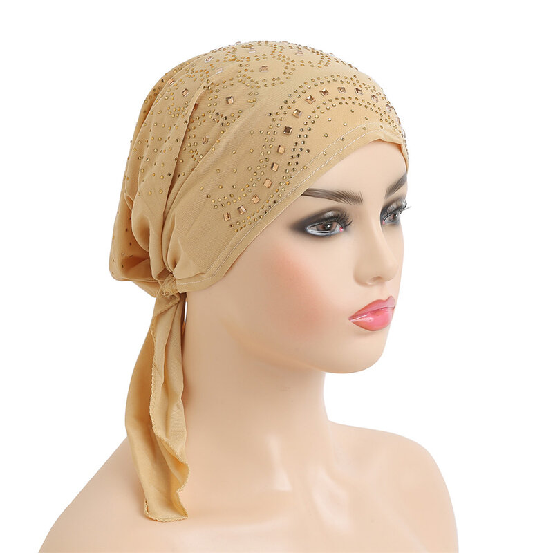 Full Rhinestone มุสลิมด้านใน Hijab หมวกผู้หญิง Headwear อิสลามหัวหมวก Bonnet ผมยาวหางใหม่