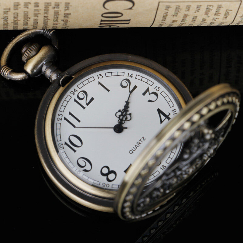 Relojes de bolsillo de esqueleto de moda antigua para hombres y mujeres, reloj de cuarzo, diseño de tren de bronce, reloj de bolsillo de acero inoxidable con cadena