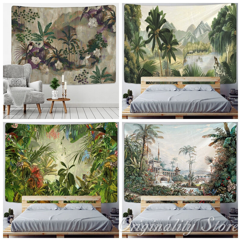 Tenture murale avec motif de palmier, feuilles tropicales, fleurs, tapisserie de plage, d'arrière-plan Animal