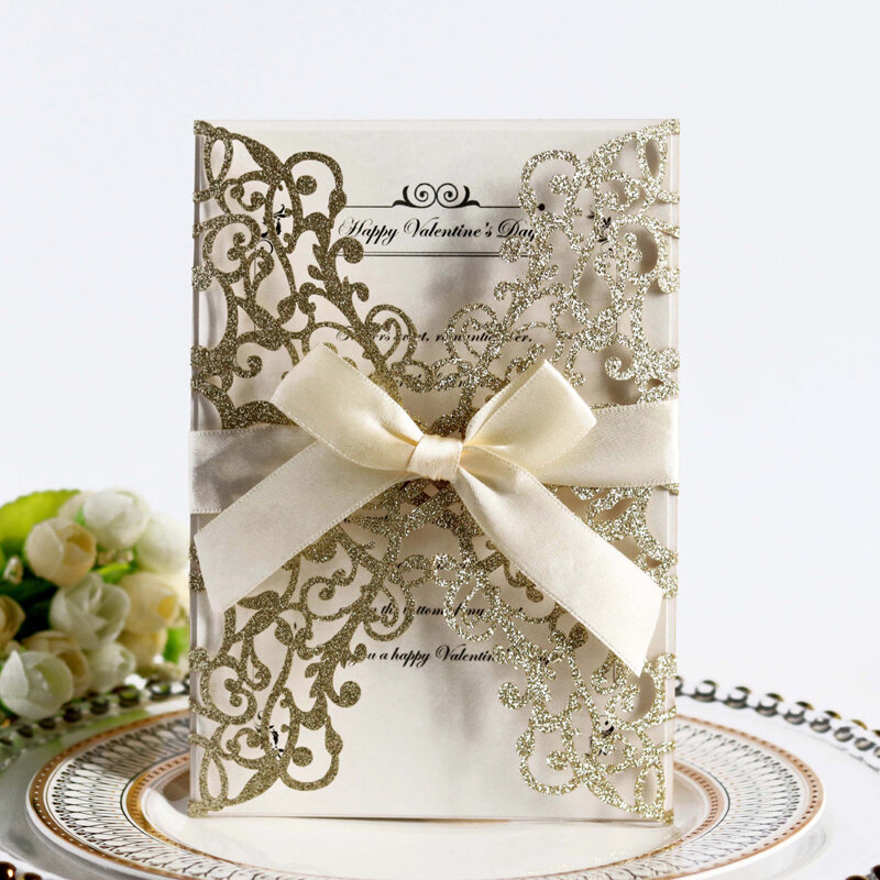 1 sztuk złoty niebieski srebrny brokat papieru laserowo wycinane zaproszenie ślubne ze wstążką spersonalizowany ślub Decor zaopatrzenie firm