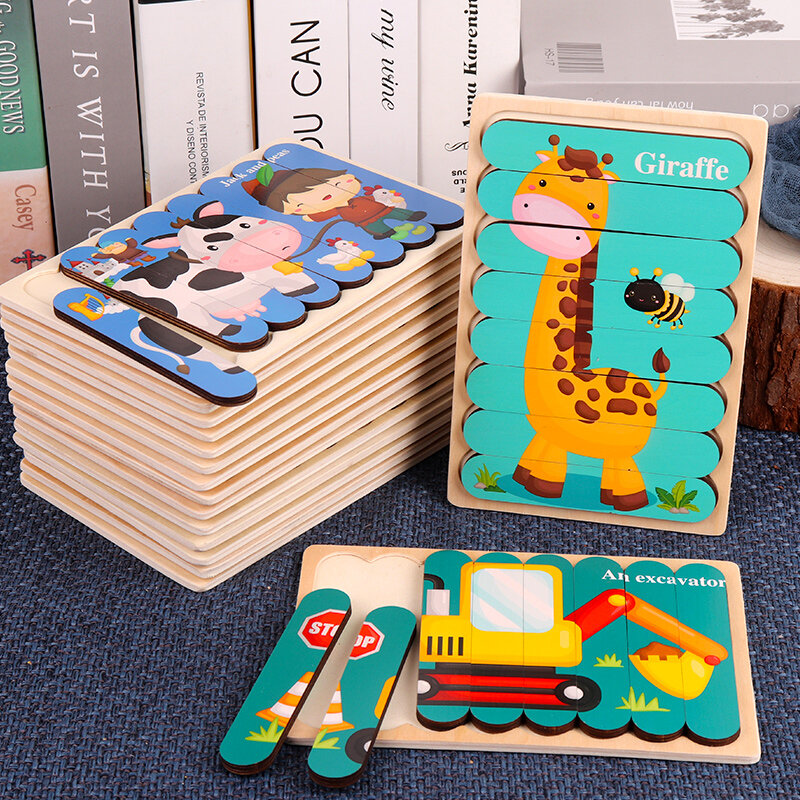 Teka-teki Montessori Kayu Bayi Permainan Anak Teka-teki Kayu 3D Teka-teki Hewan Kartun Teka-teki Mainan Bayi untuk Anak-anak 1 2 3 Tahun