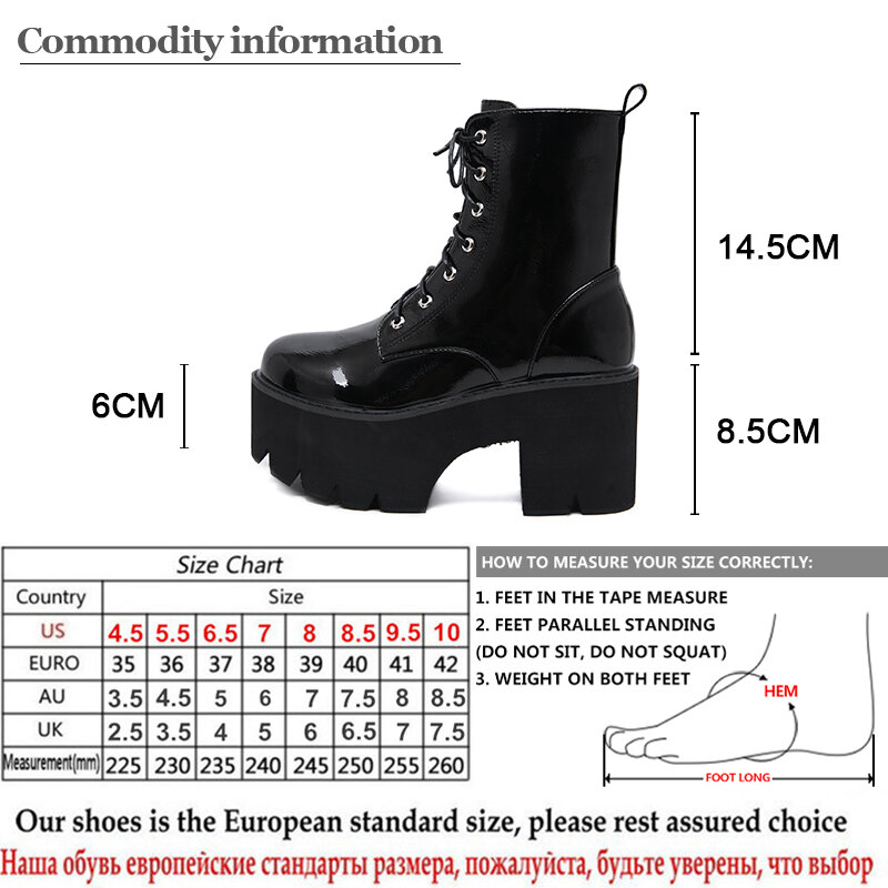 Gdgydh Woman Lace Autumn Boots Womens Ladies Chunky Wedge Platform Black Patent Leather Ankle Boots Punk Goth Shoes Lace Up