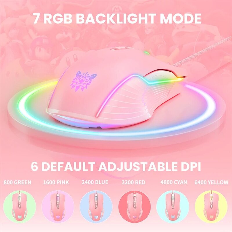 Mouse da gioco cablato USB ONIKUMA, Mouse regolabili da 6400 DPI, Mouse luminoso a 7 pulsanti RGB con luce respiratoria a LED, adatto per giocatori