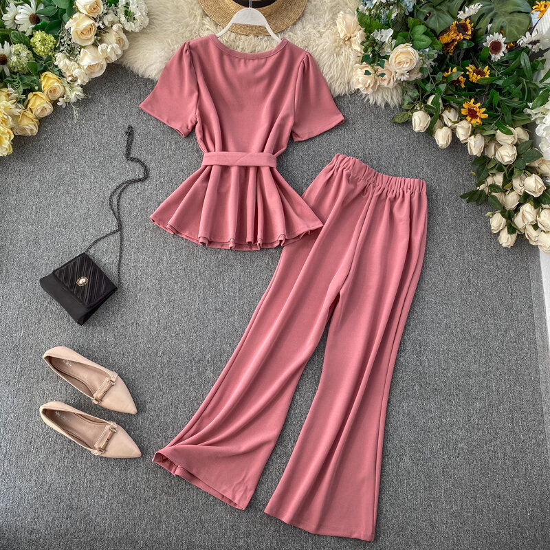 Fashion Solid 2 Piece Outfits For Women Short Sleeve Tops And Trumpet Pants Suit Set 2023 New Autumn Korean Womens Office Sets