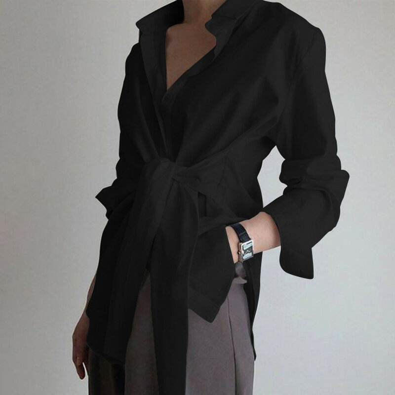 Женская модная однотонная офисная блузка на шнуровке с длинным рукавом и глубоким V-образным вырезом, дамские свободные Осенние Топы