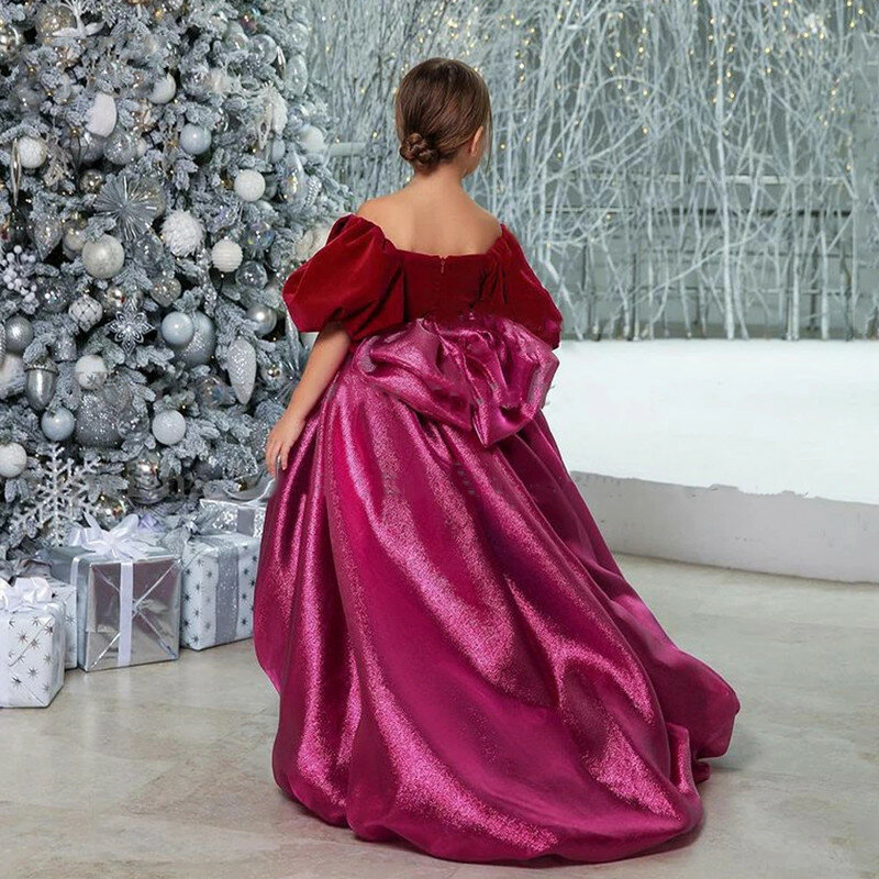Sukienka świąteczna księżniczka kwiat sukienki dla dziewczynek wesele welurowe bufiaste rękawy szata De Marrige wysoki niski nowy specjalny bankiet