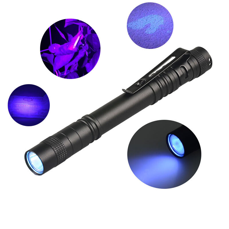 Lanterna led uv 36 nm 3w, mini caneta com função de clipe, luz preta para detecção de urina de animais de estimação