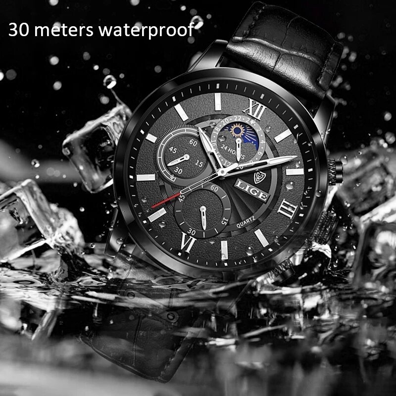 2023 LIGE Watches Mens Top Brand Luxury Clock Casual Leathe 24Hour Moon Phase Men Watch Sport Waterproof Quartz Chronograph+Box