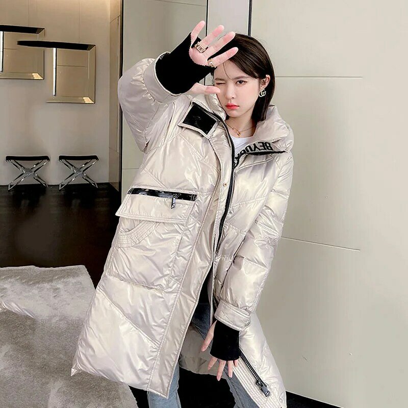 Mantel kualitas tinggi 2023 mode baru panjang Sedang tebal jaket Bawah wanita musim dingin putih bebek bawah bertudung Parker Wanita