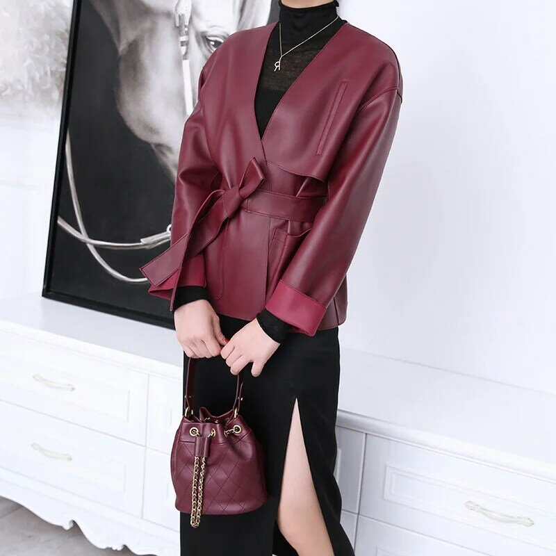 Jaket Kulit Asli Wanita Merek Mewah Desainer Fashion Korea Antik Asli Kulit Domba Blazer Wanita Mantel Pakaian Luar